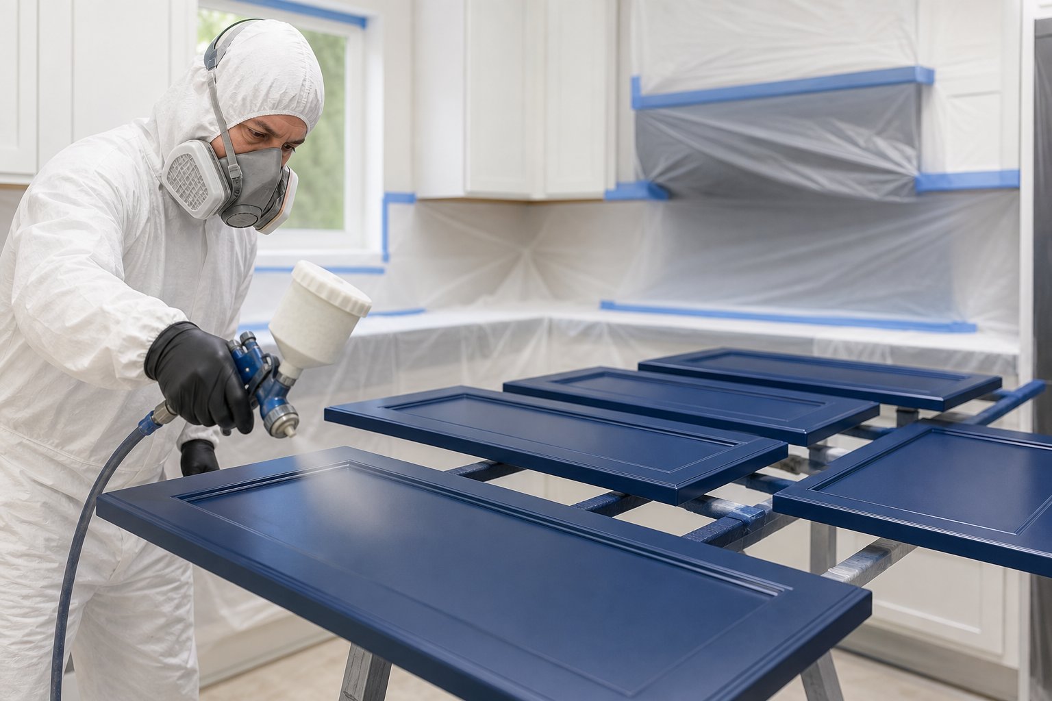 Professional painter spray refinishing cabinet doors