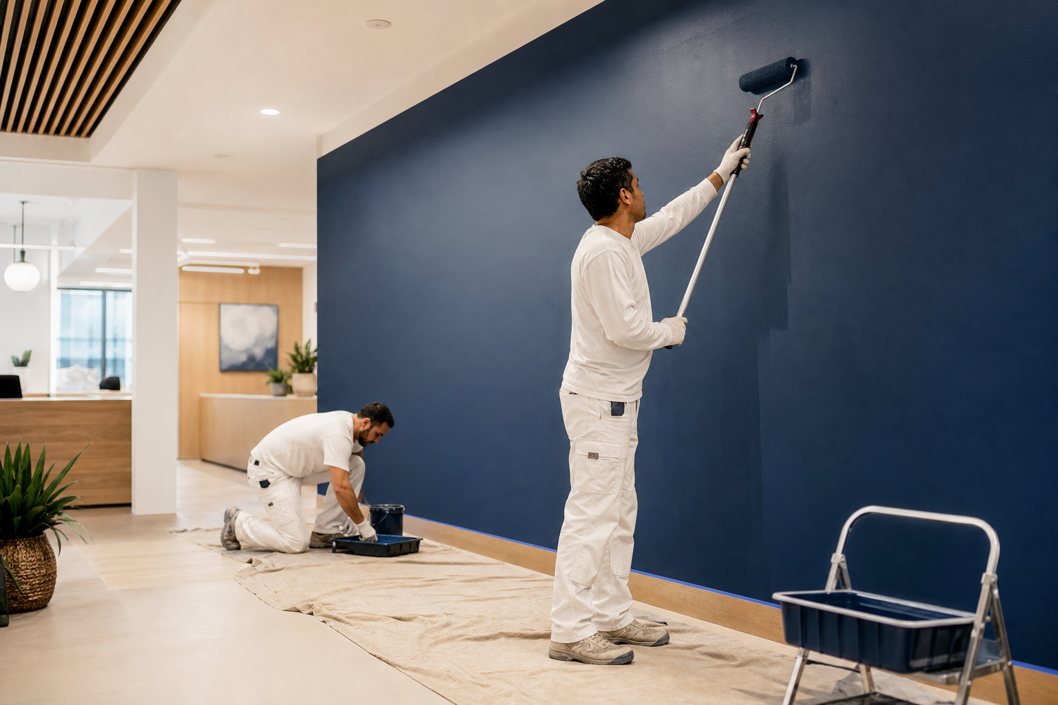 Commercial painting team finishing a modern office feature wall