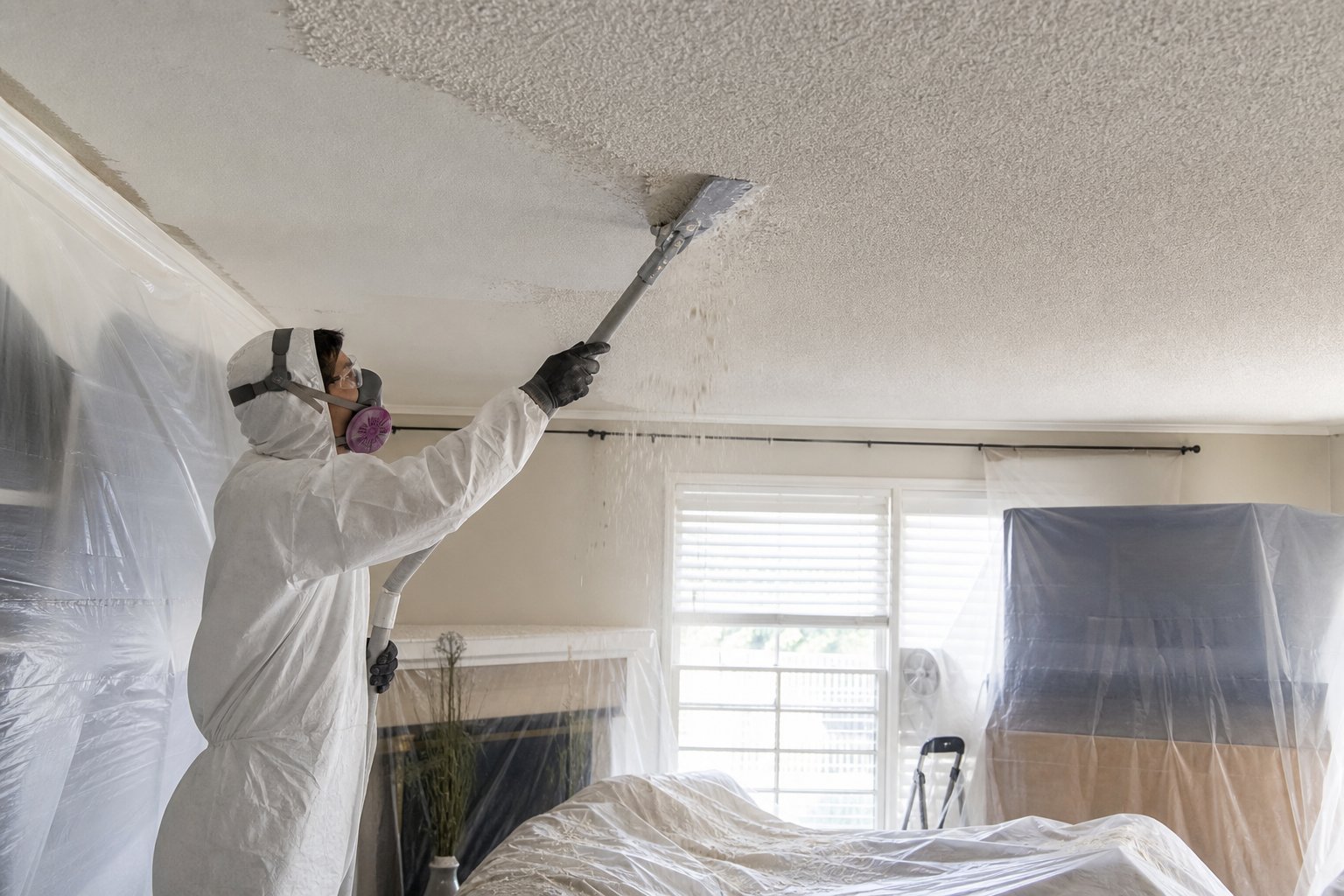 Professional contractor removing a popcorn ceiling in a protected room